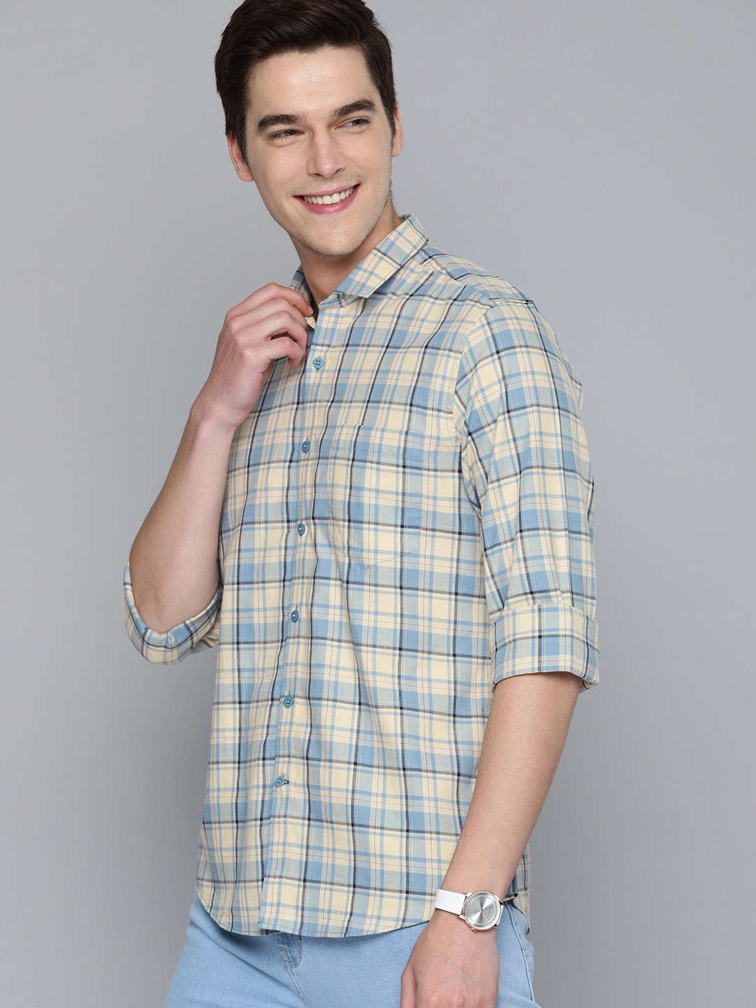 Mast & Harbour Men Blue & Beige Tartan Checks Cotton Casual Shirt