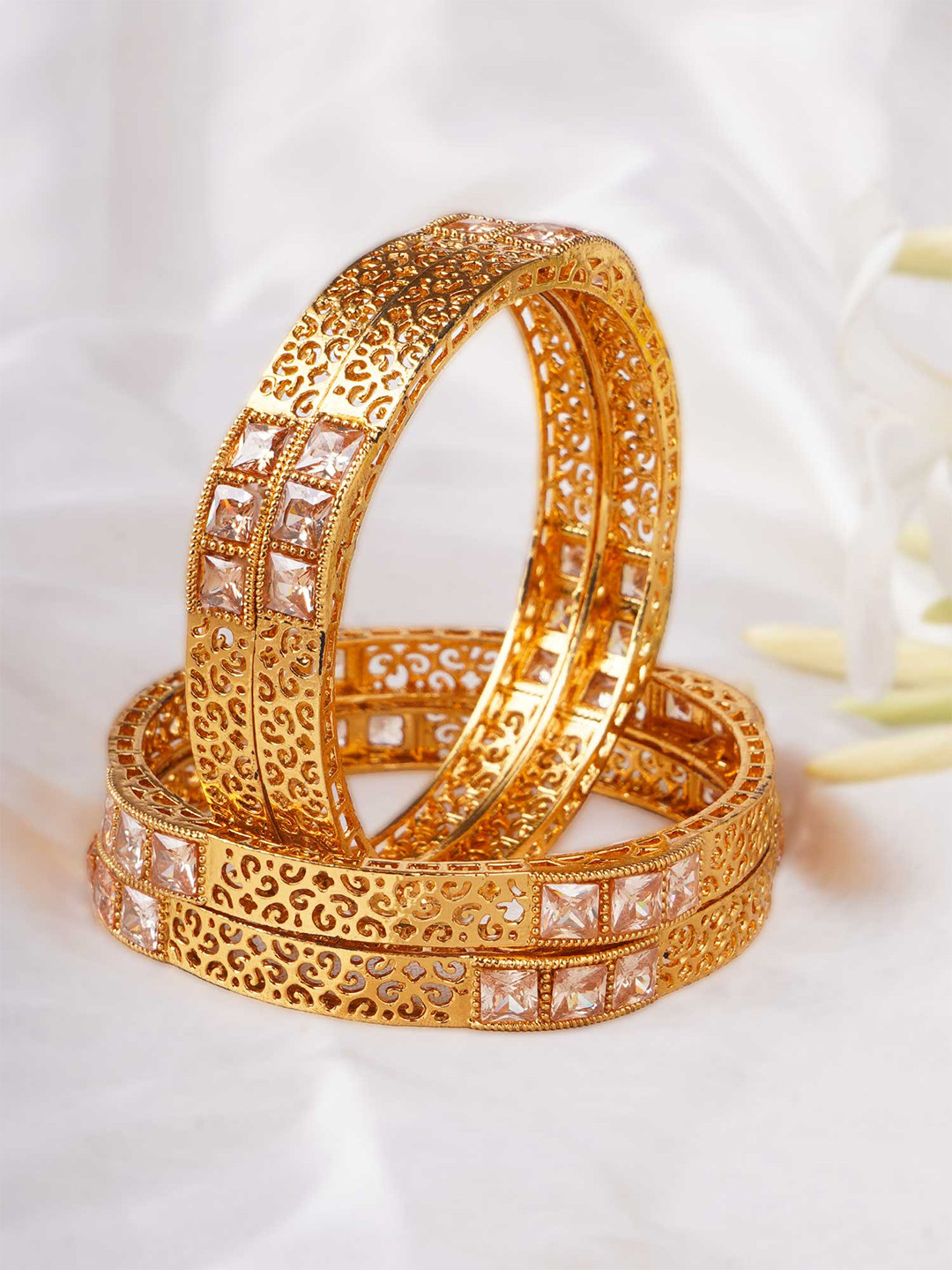 Adwitiya Collection Set of 4 24CT Gold-Plated & Beige Stone-Studded Handcrafted Bangles