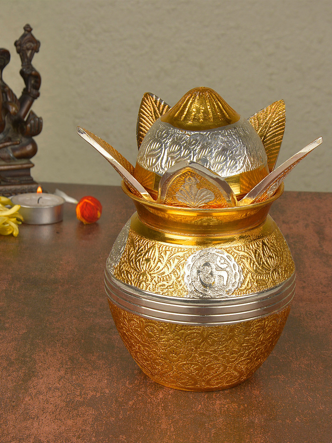 StyleMyWay Gold-Toned & Silver-Toned Handcrafted Brass Mangal Kalash With Coconut & Leaves