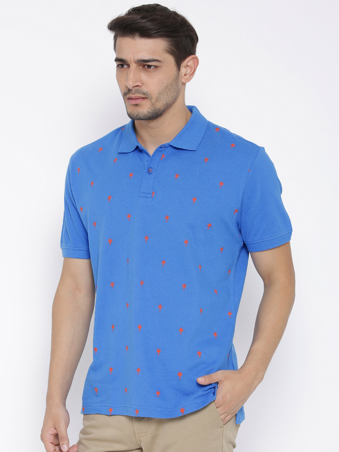 Wills Lifestyle Men Blue Self-Design Slim Fit Polo Collar Pure Cotton T-shirt