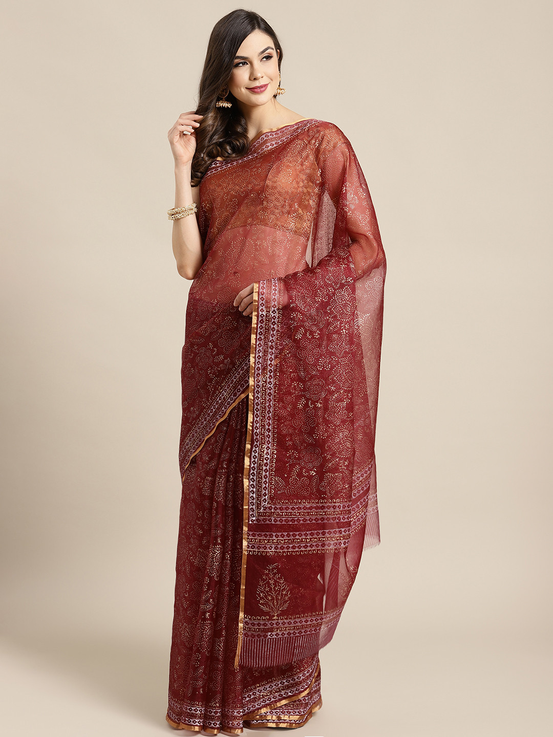 Kalakari India Maroon & Golden Printed Bagru Handloom Saree