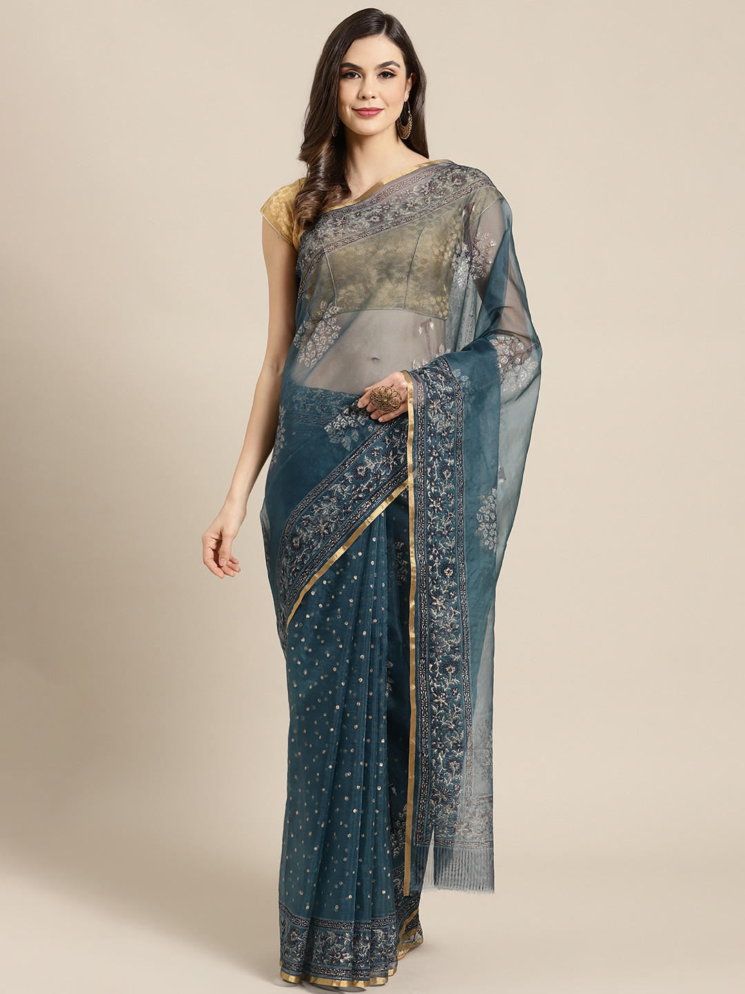 Kalakari India Teal Blue & Golden Printed Bagru Handloom Saree