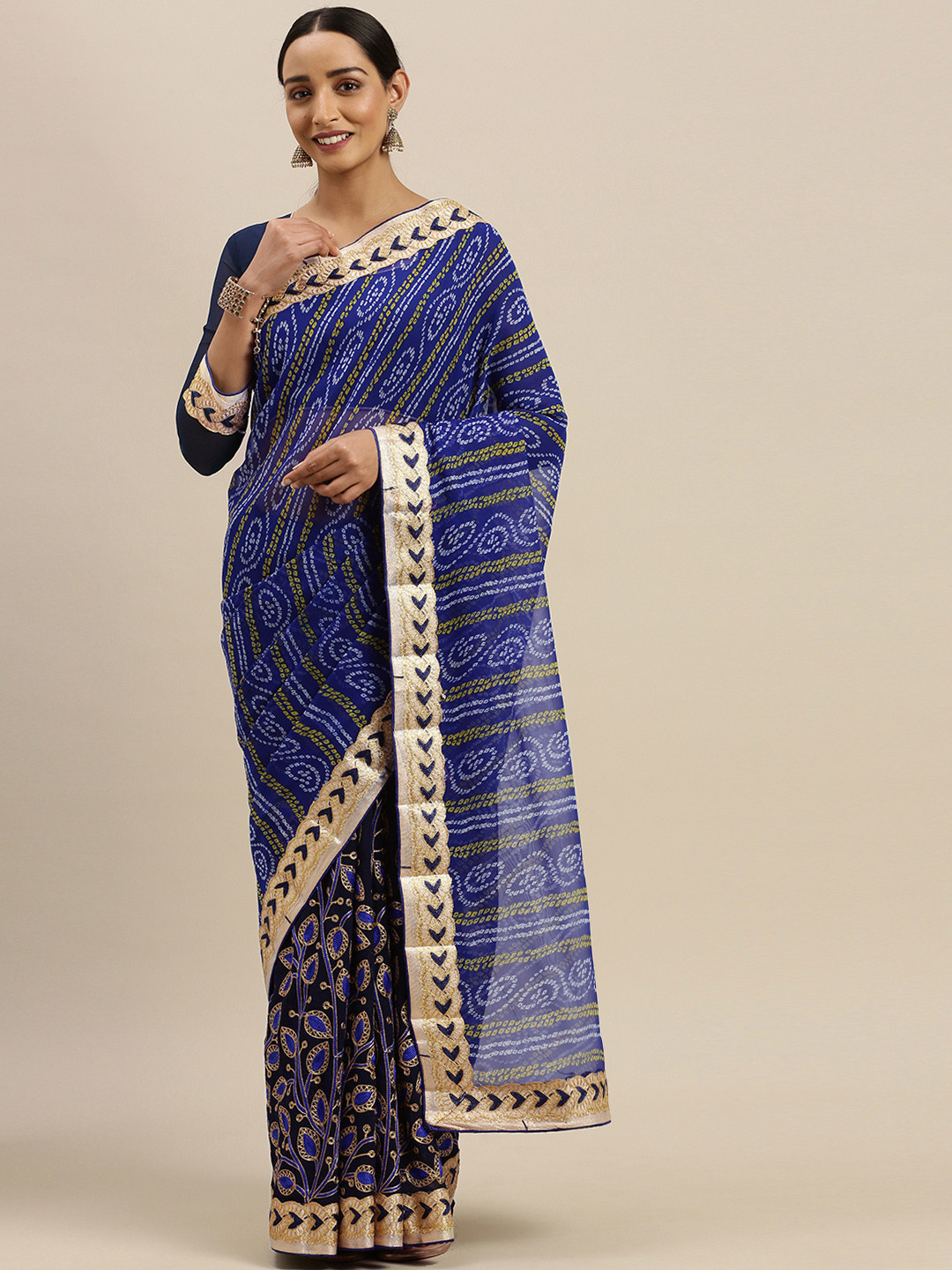 Mitera Navy Blue & Mustard Yellow Pure Georgette Embroidered Saree