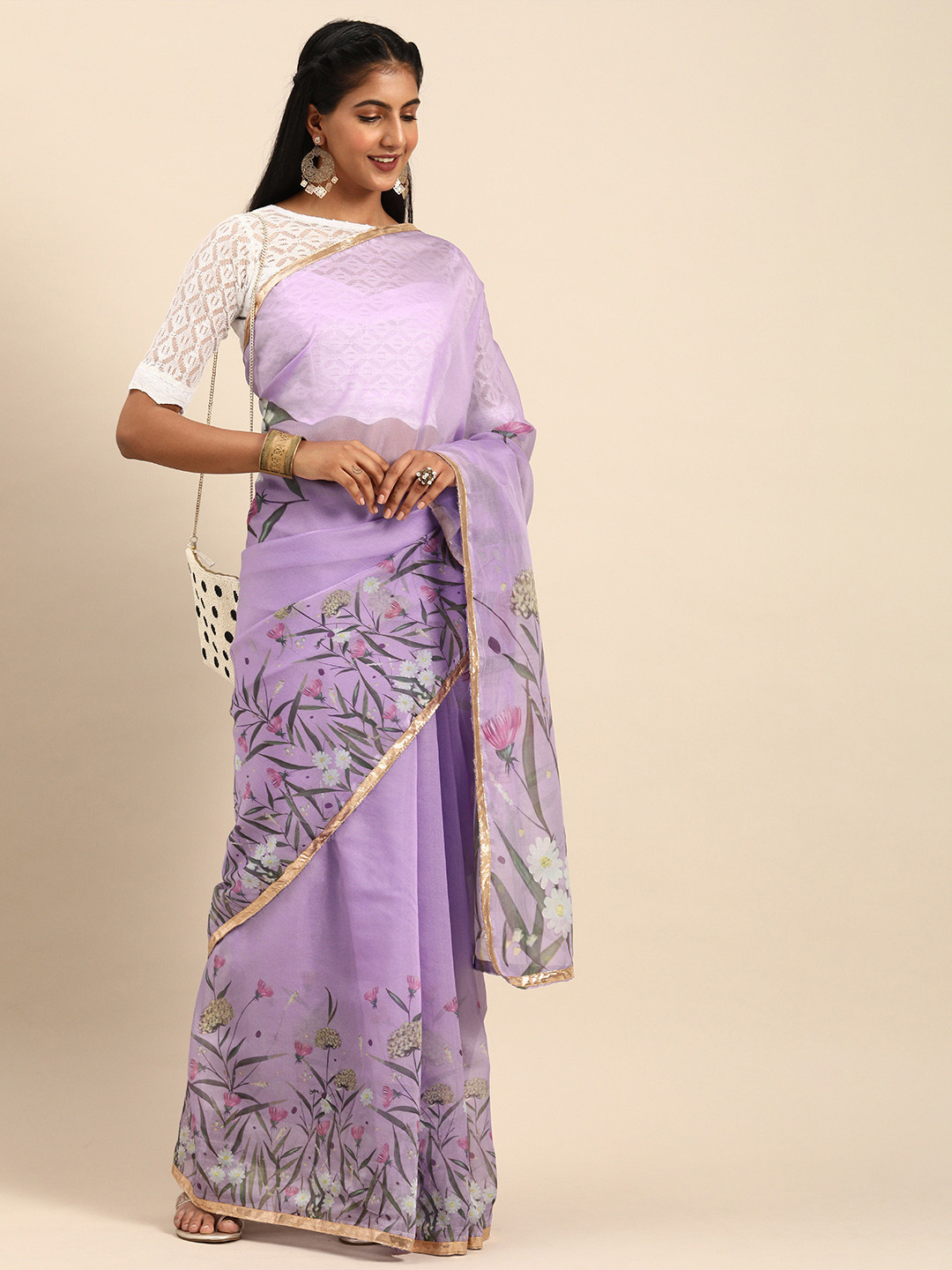 Sangria Lavender Floral Printed Organza Saree