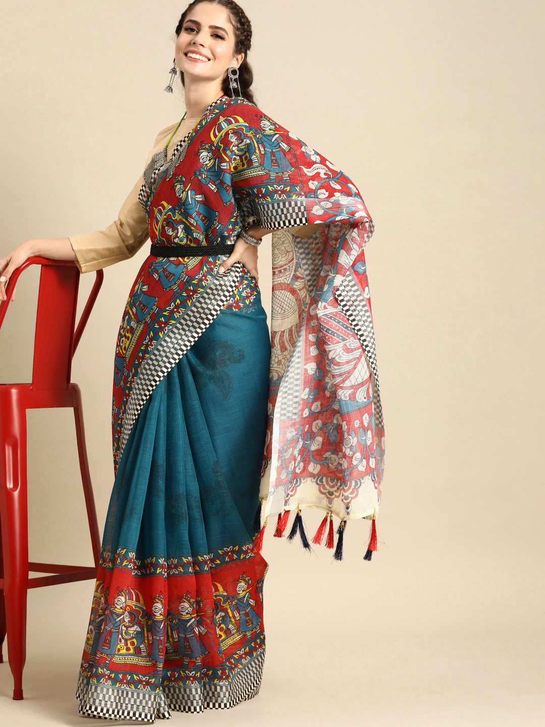 Sangria Teal Blue & Red Pure Linen Printed Saree
