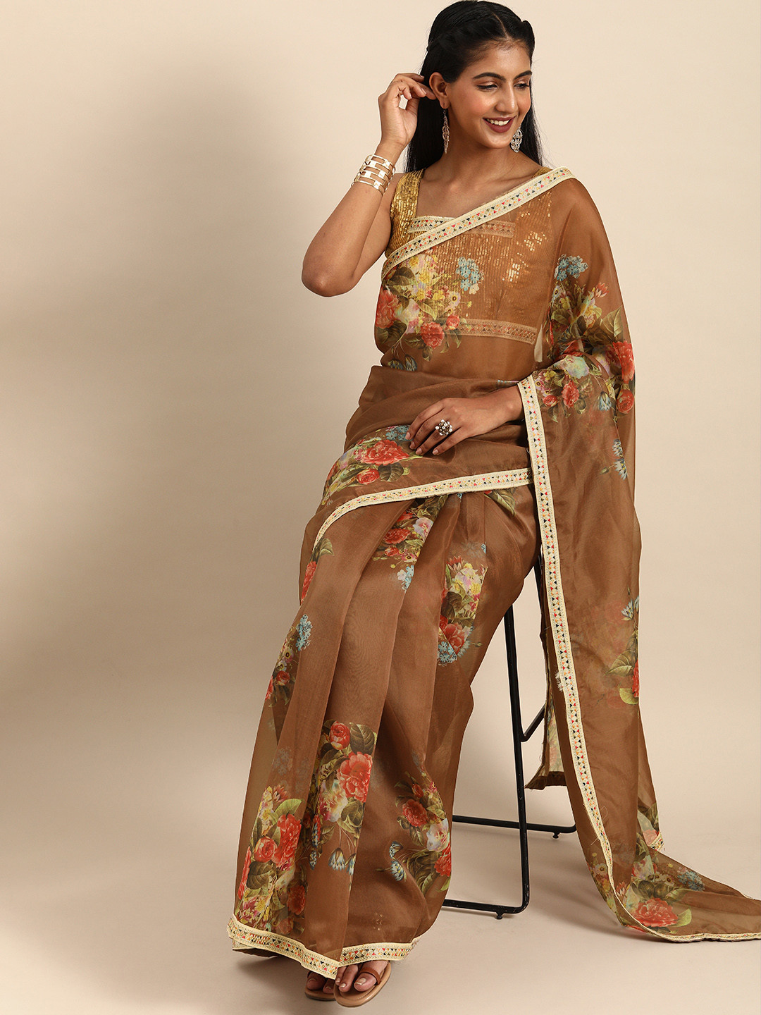 Sangria Brown Floral Printed Organza Saree