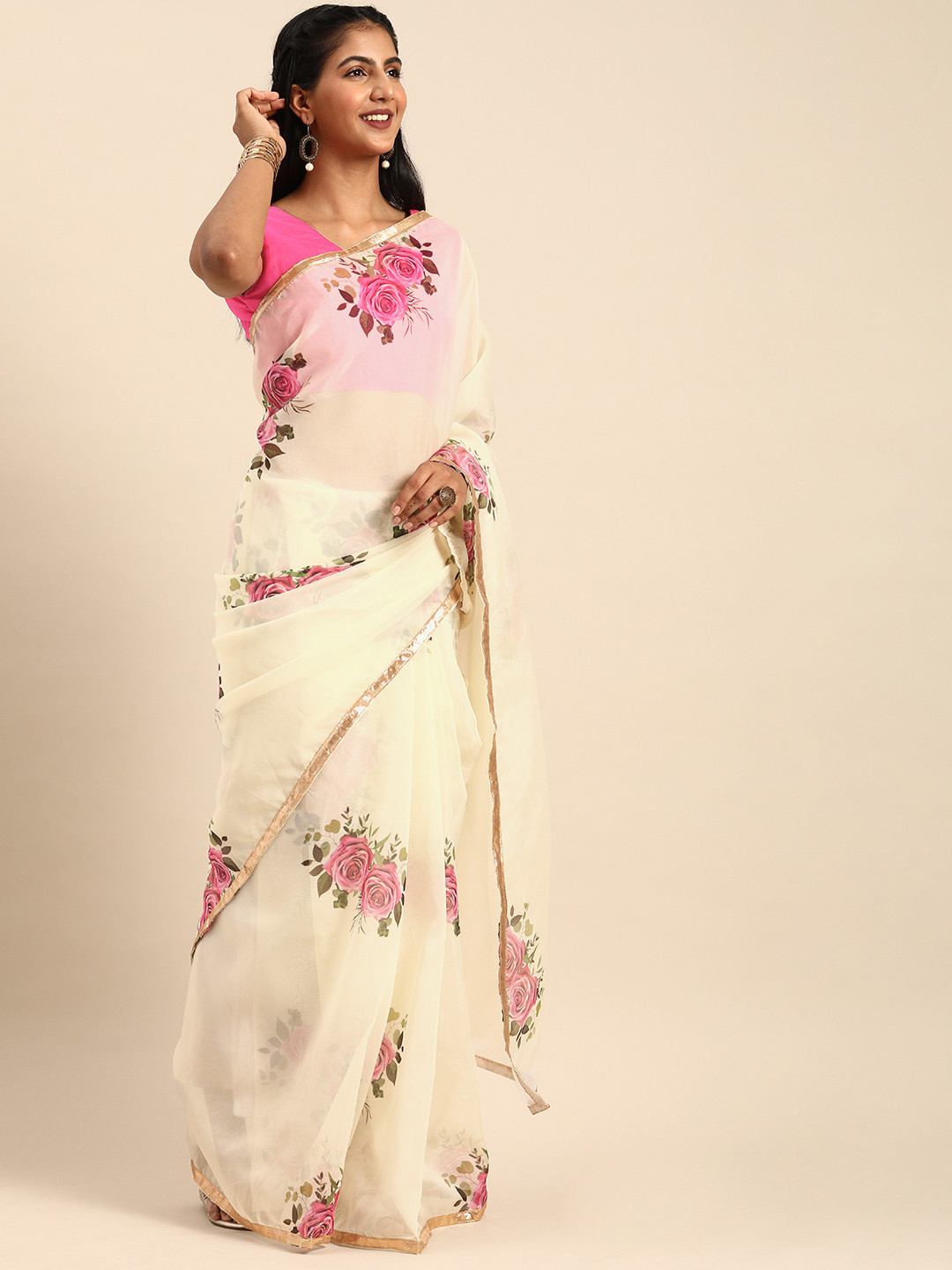 Sangria Off-White & Pink Organza Floral Printed Saree