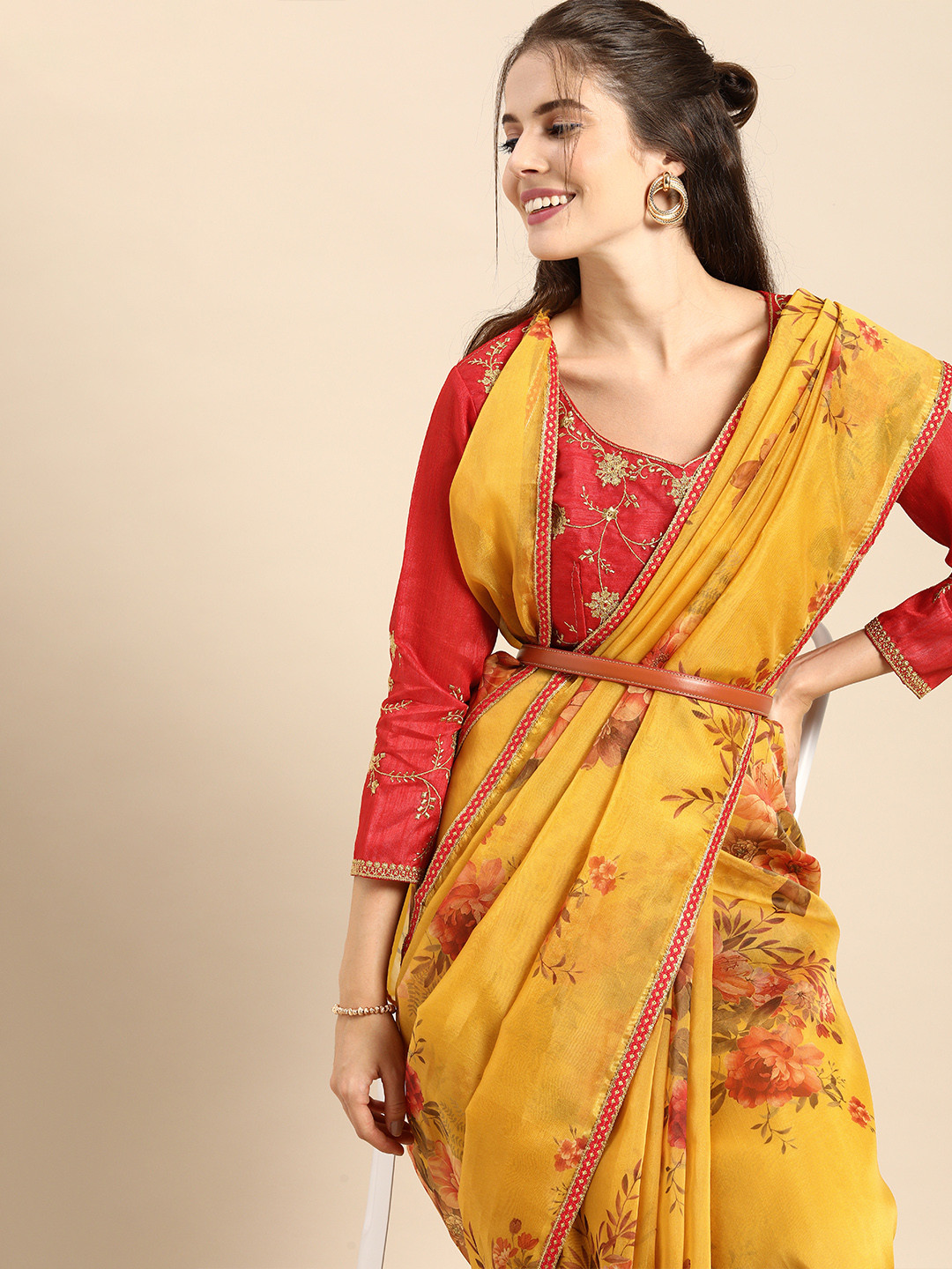 Sangria Mustard Yellow & Red Organza Printed Saree