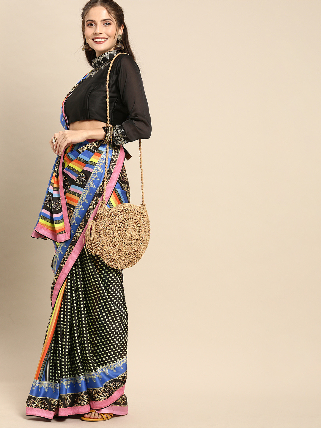 Sangria Multicoloured Polka Dots Printed Satin Saree