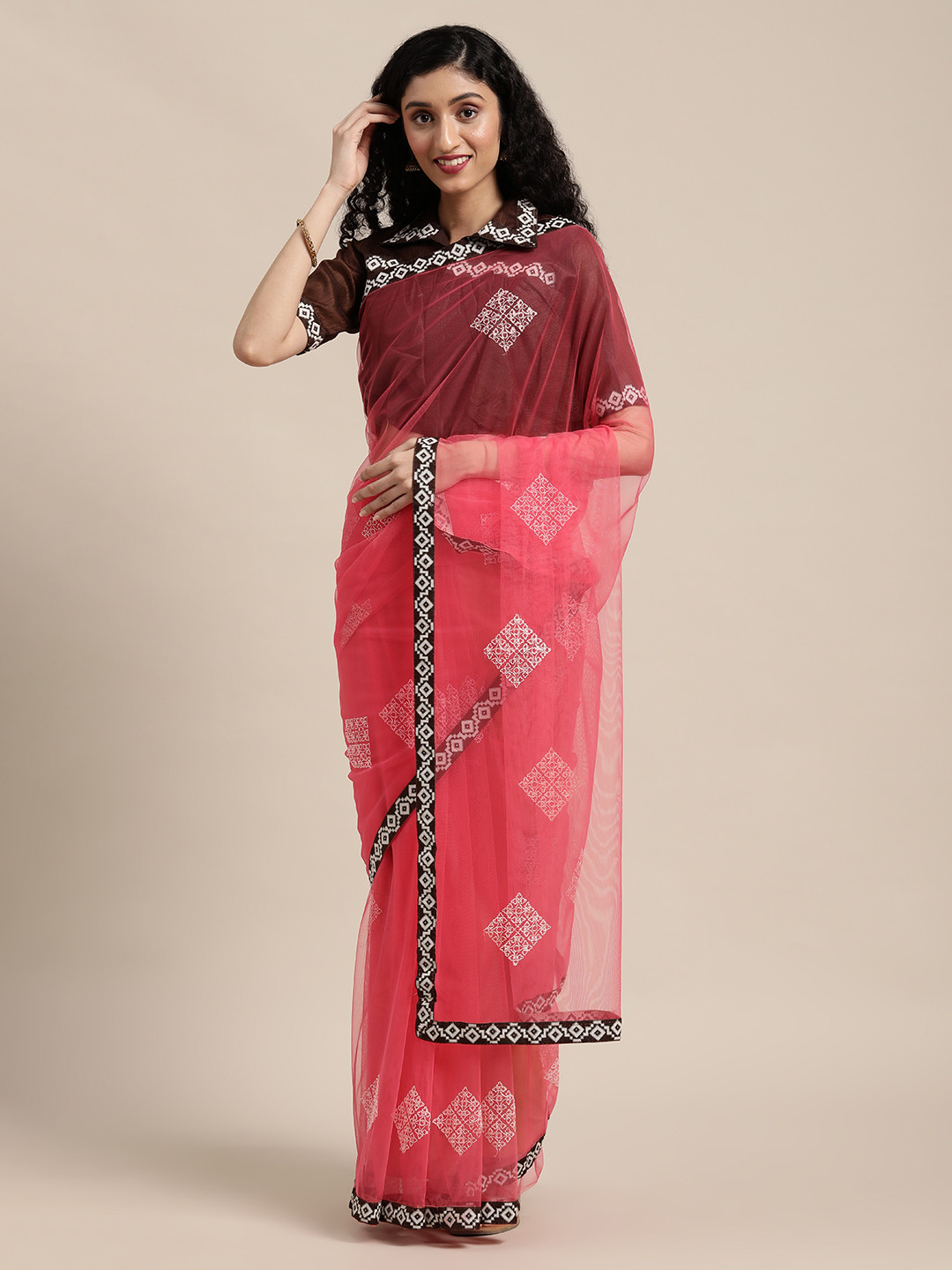 Sangria Pink & White Embroidered Net Saree