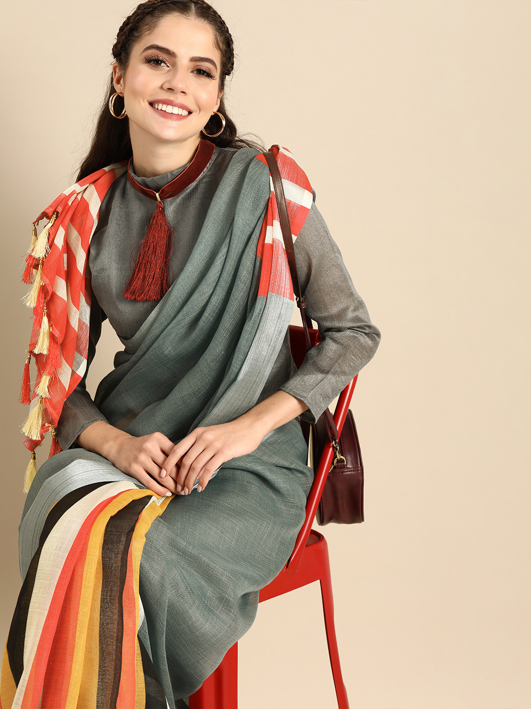 Sangria Grey & Red Pure Linen Striped Celebrity Saree
