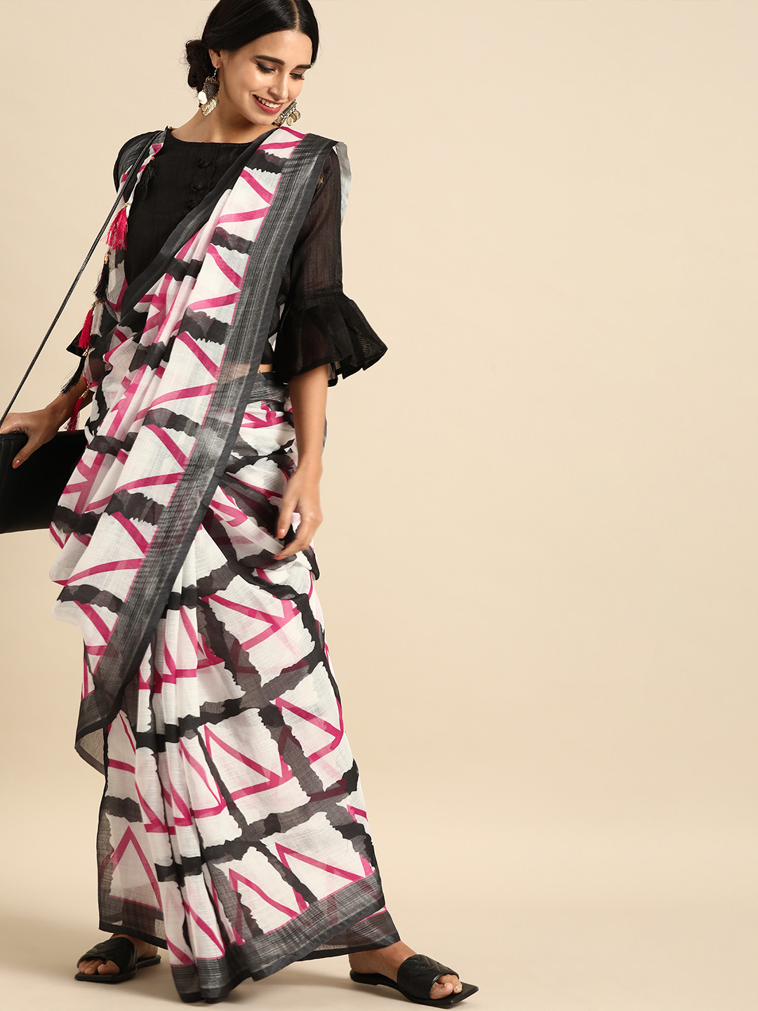 Sangria Red & Black Pure Linen Checked Saree