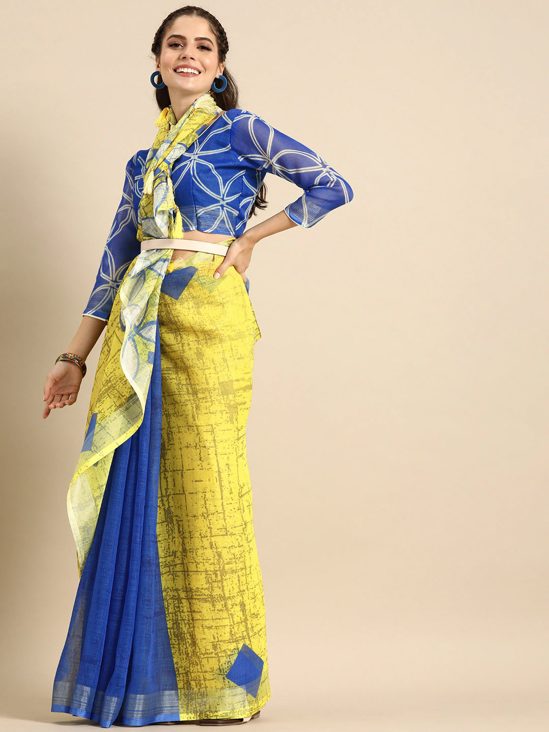 Sangria Mustard Yellow & Blue Pure Linen Striped Saree