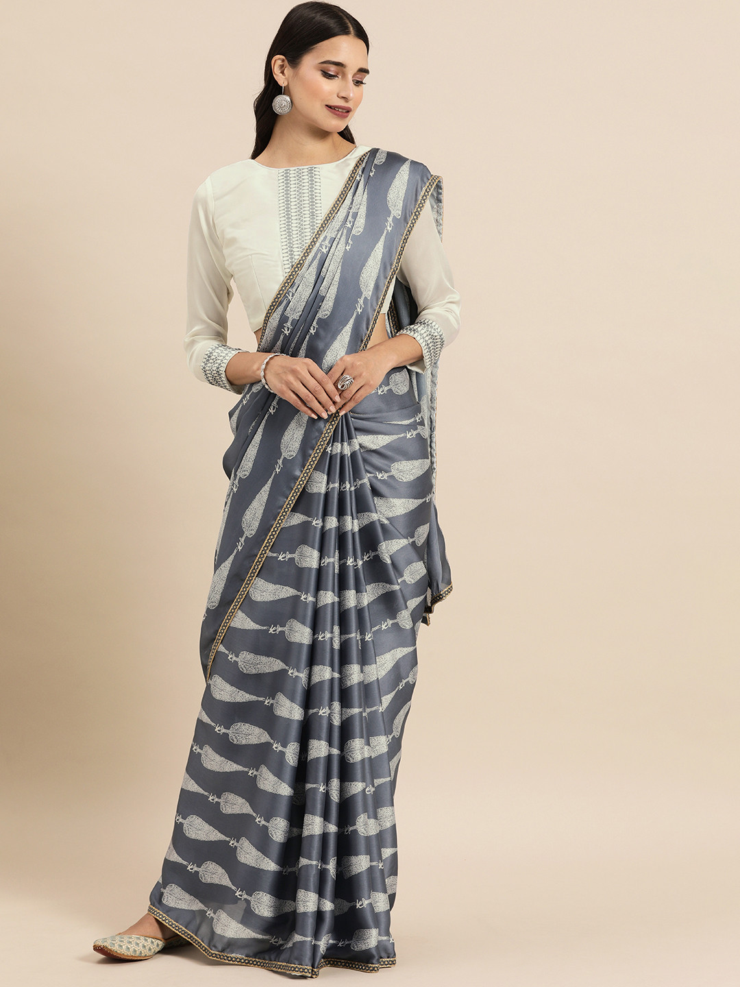 Sangria Bluish Grey & White Satin Bagh Printed Saree