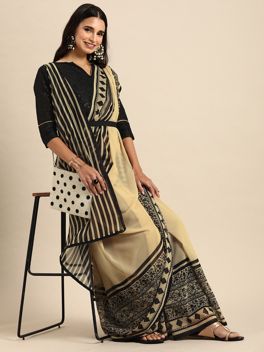 Sangria Black & Beige Striped Saree