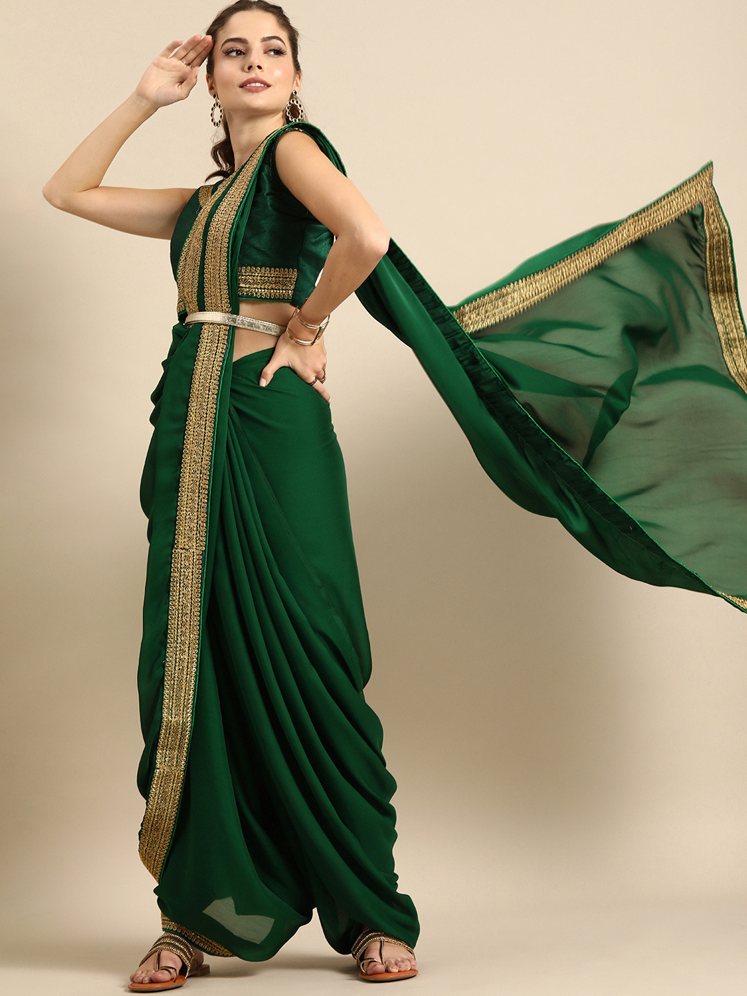 Sangria Green & Golden Satin Solid Saree