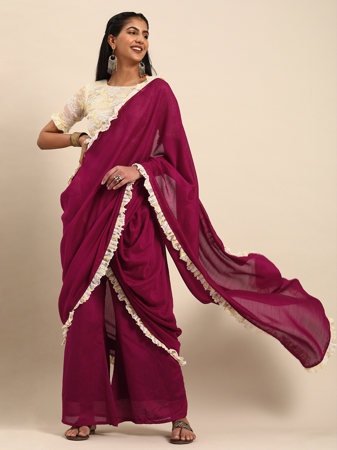Sangria Burgundy Solid Palazzo Saree