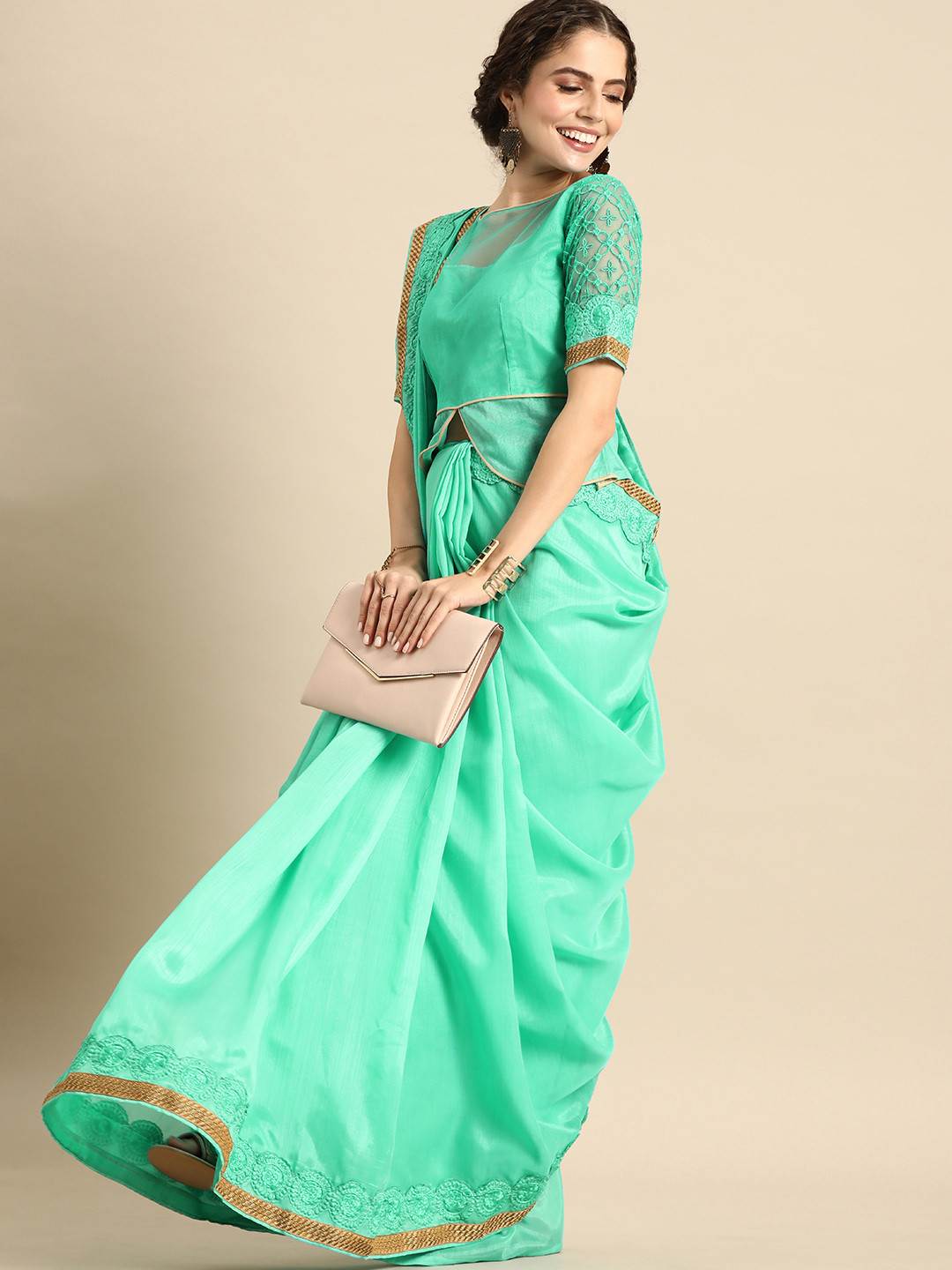 Sangria Green Embroidered Silk Blend Saree