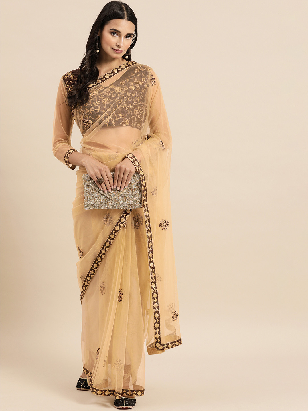 Sangria Beige Embroidered Net Saree