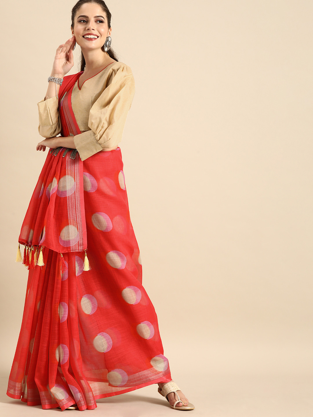 Sangria Red & White Pure Linen Printed Saree