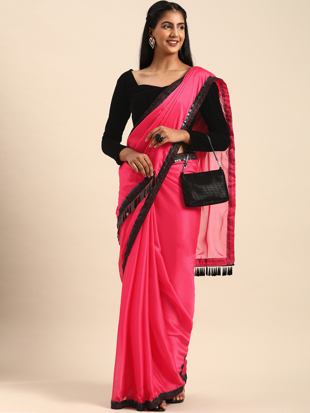 Sangria Pink Solid Satin Saree