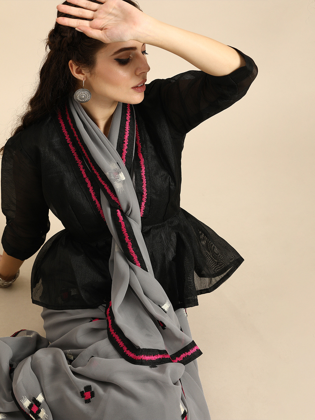 Sangria Grey Embroidered Pure Georgette Saree