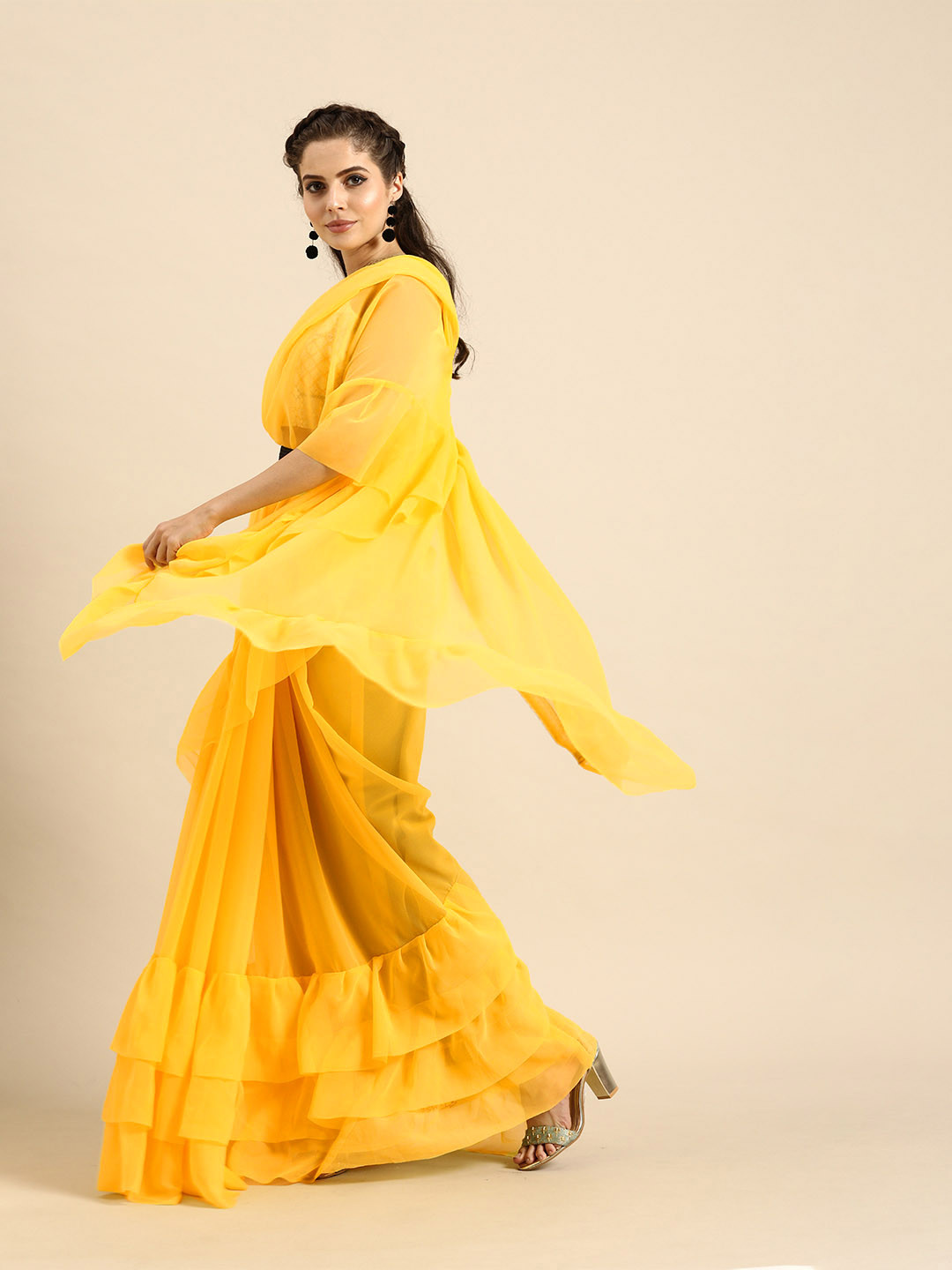 Sangria Yellow Solid Pure Georgette Ruffled Saree
