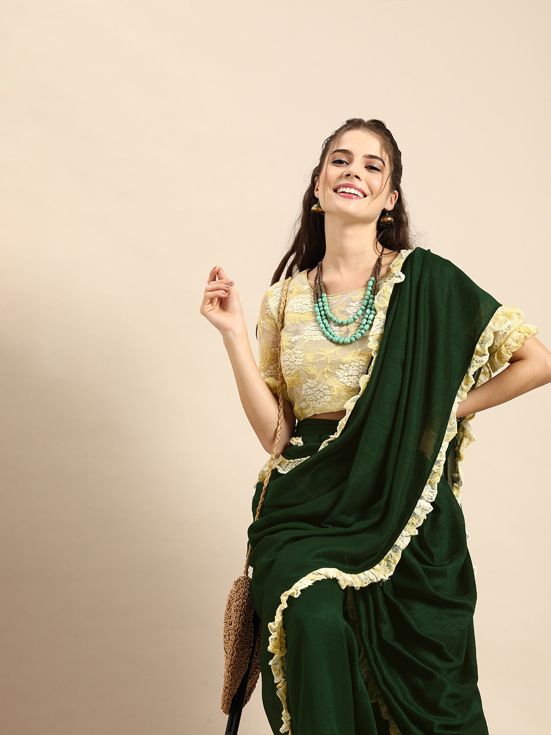 Sangria Green Solid Silk Blend Pant Saree