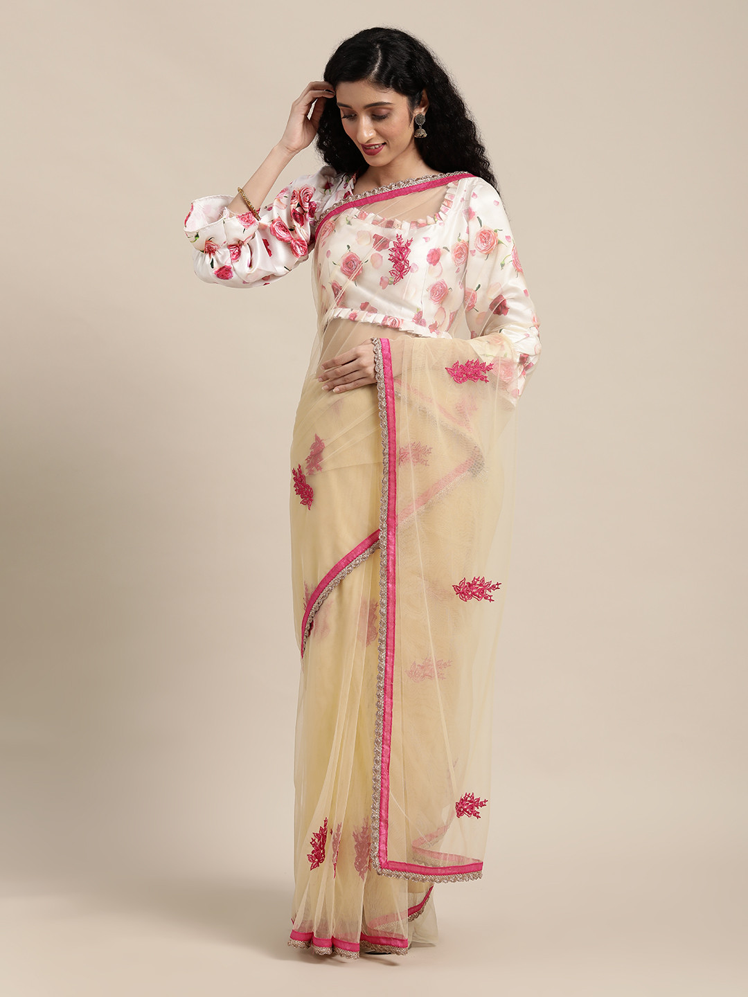Sangria Beige & Pink Floral Embroidered Net Saree