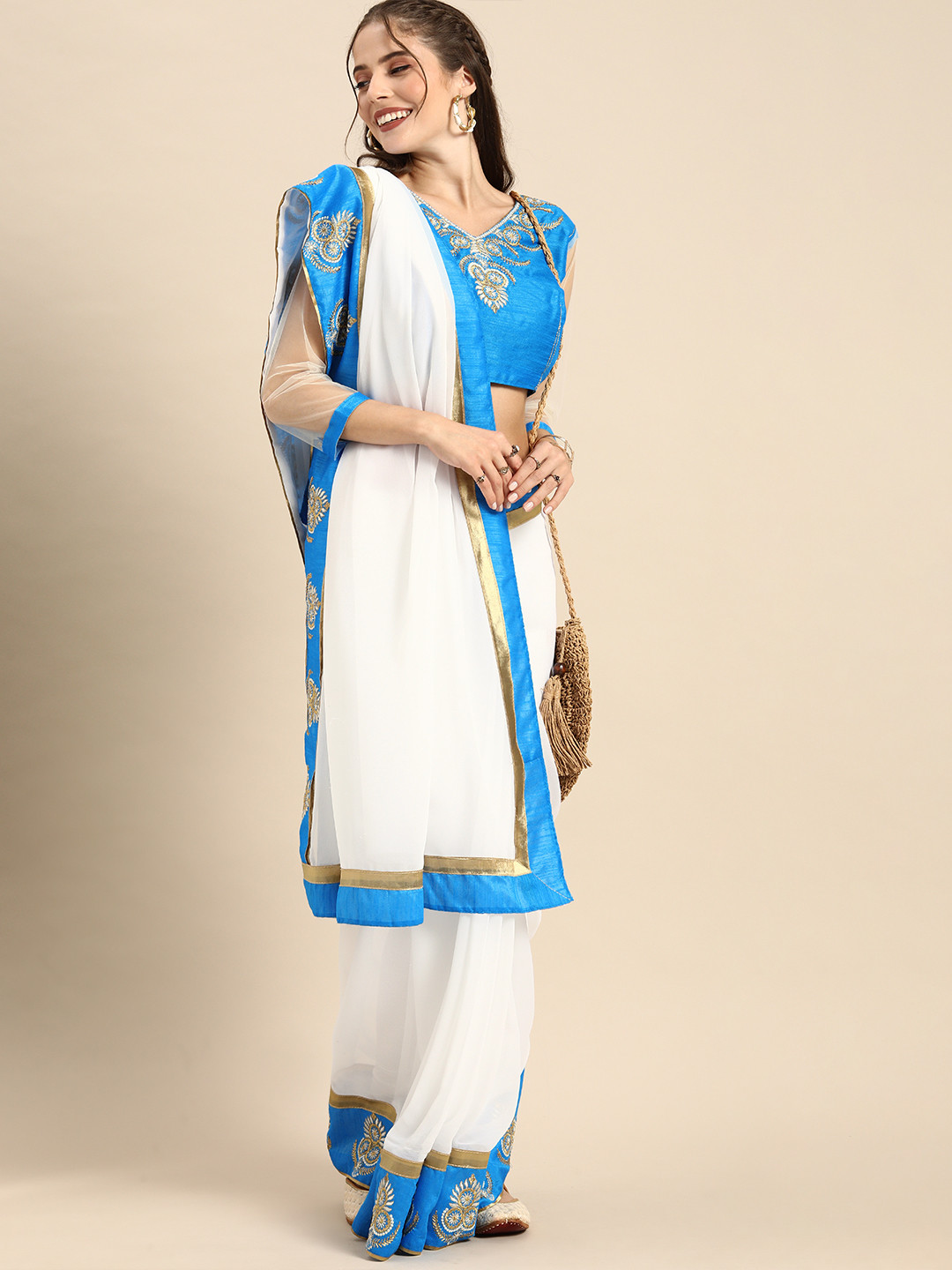 Sangria White Solid Pure Georgette Saree