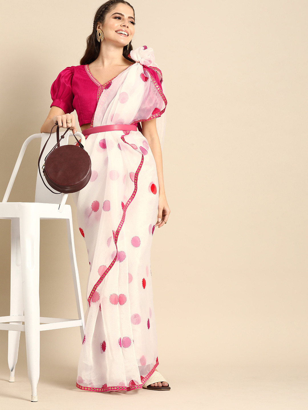 Sangria White & Pink Polka Dots Printed Celebrity Saree