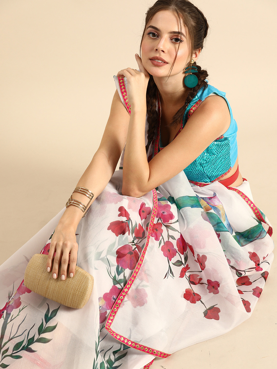 Sangria White & Red Organza Floral Printed Saree