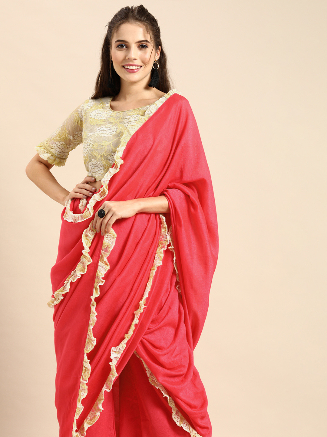 Sangria Pink Solid Silk Blend Palazzo Saree with Ruffle Border