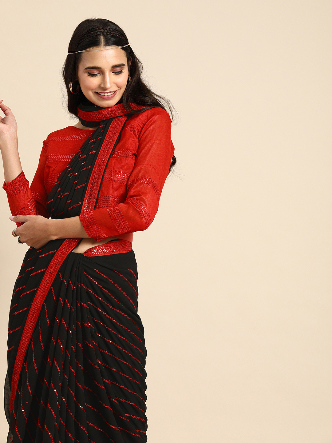 Sangria Black & Red Sequined Pure Georgette Striped Saree