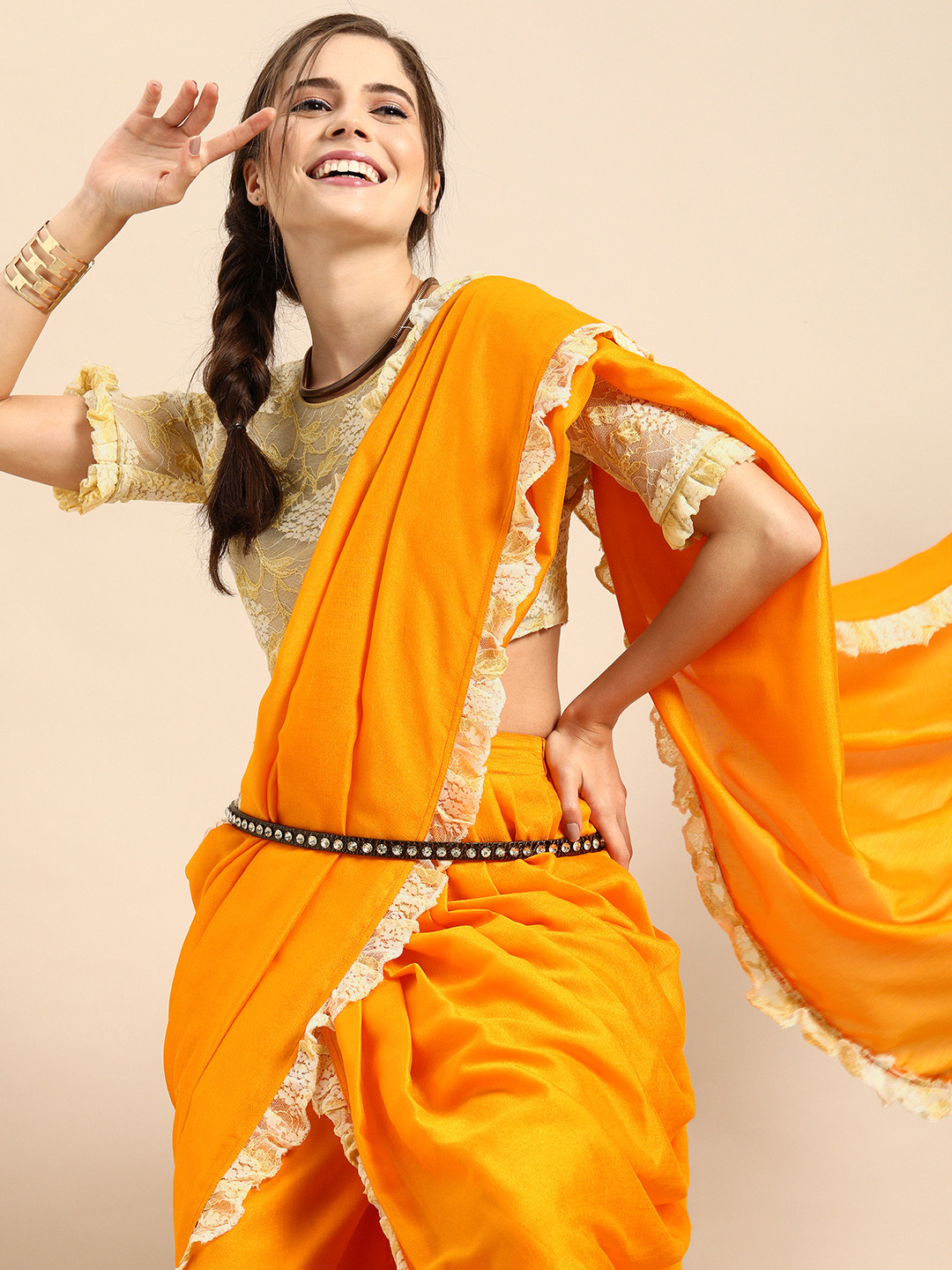 Sangria Mustard Yellow Solid Silk Blend Pant Saree
