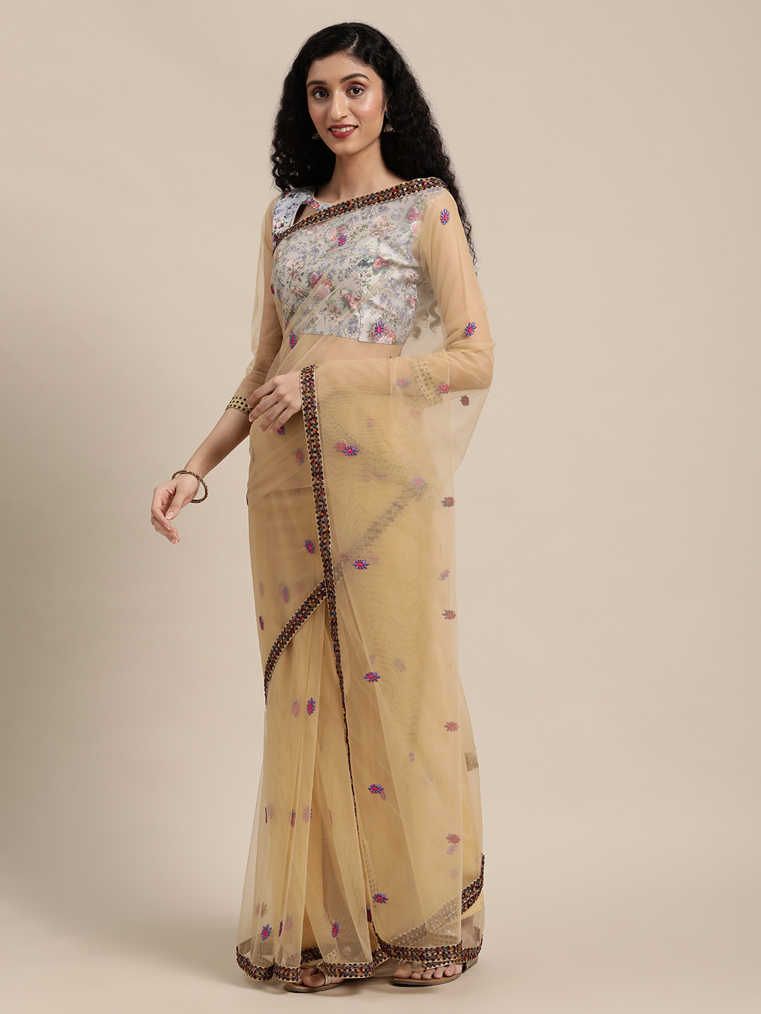 Sangria Beige & Blue Floral Embroidered Net Saree