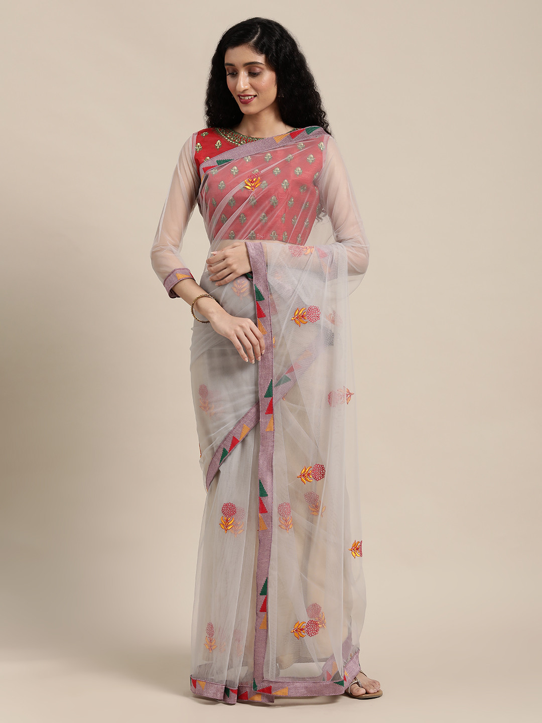 Sangria Lavender & Pink Floral Embroidered Net Saree