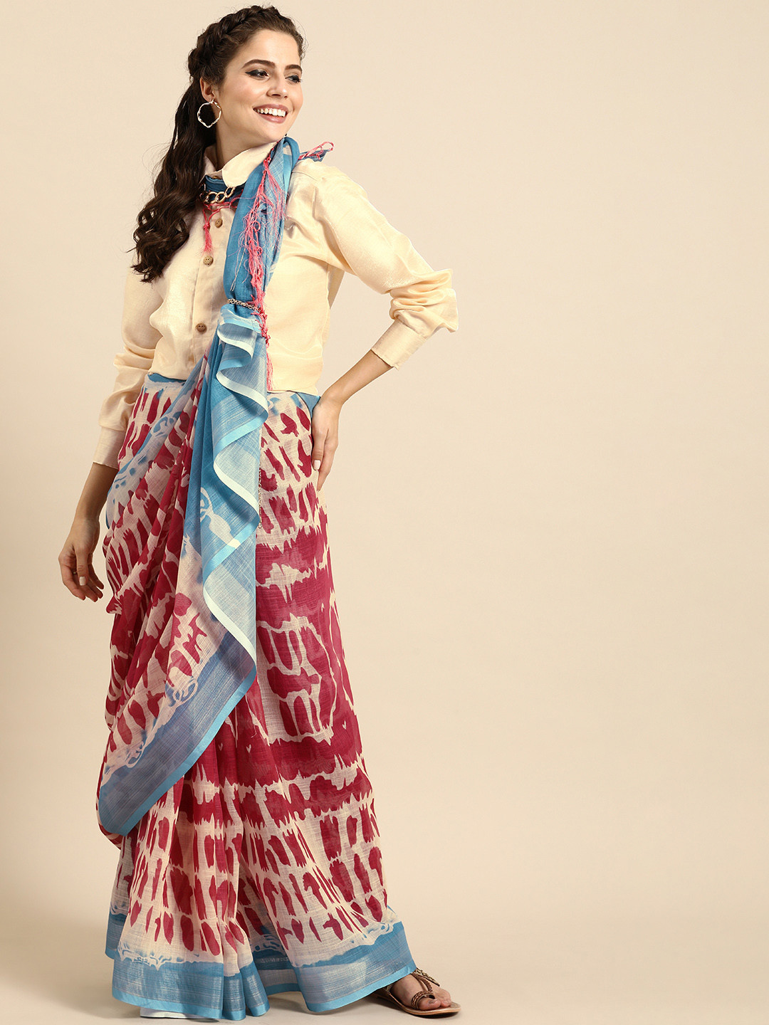 Sangria Off-White & Maroon Pure Linen Dyed Saree