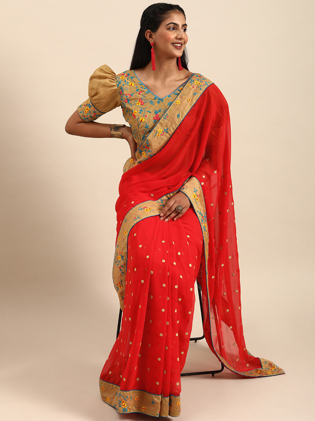 Sangria Red & Golden Silk Blend Embroidered Saree