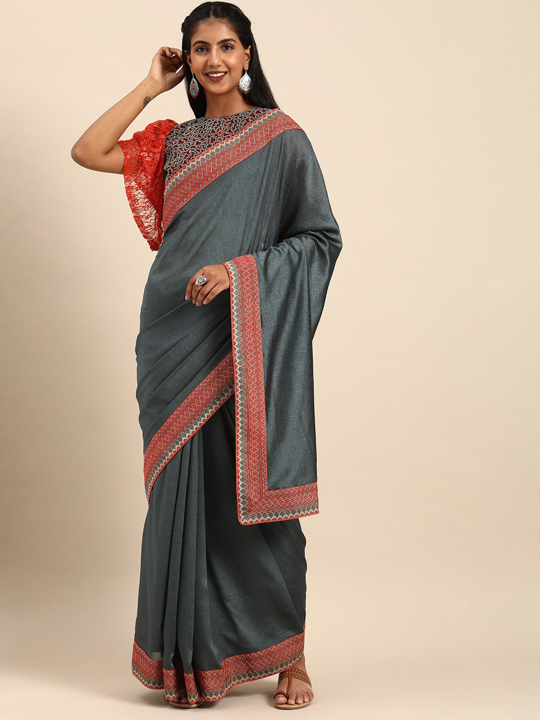 Sangria Grey Solid Silk Blend Saree