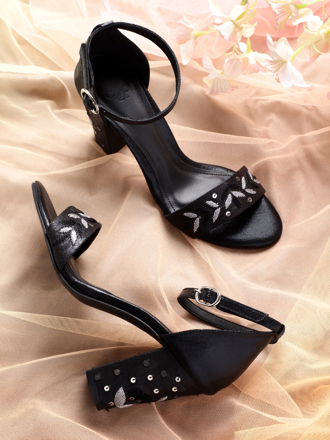 House of Pataudi Women Black Handcrafted Mid-Top Block Heels