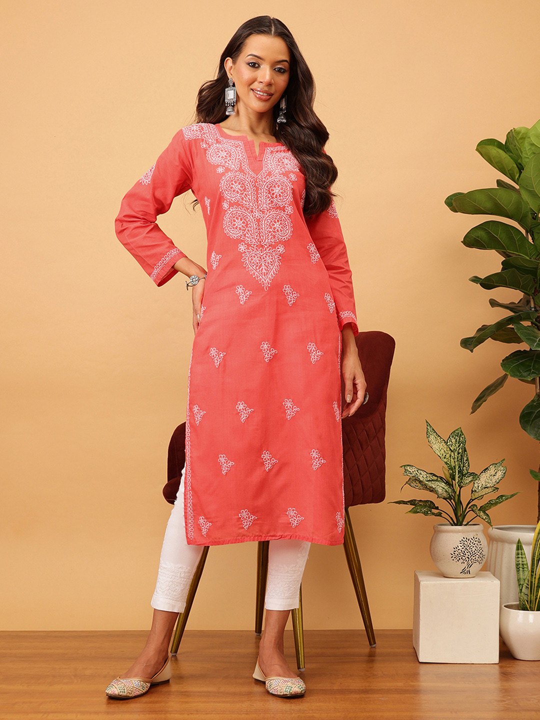 ADA Women Coral Red & White Sustainable Cotton Hand Embroidered Chikankari Handloom Kurta