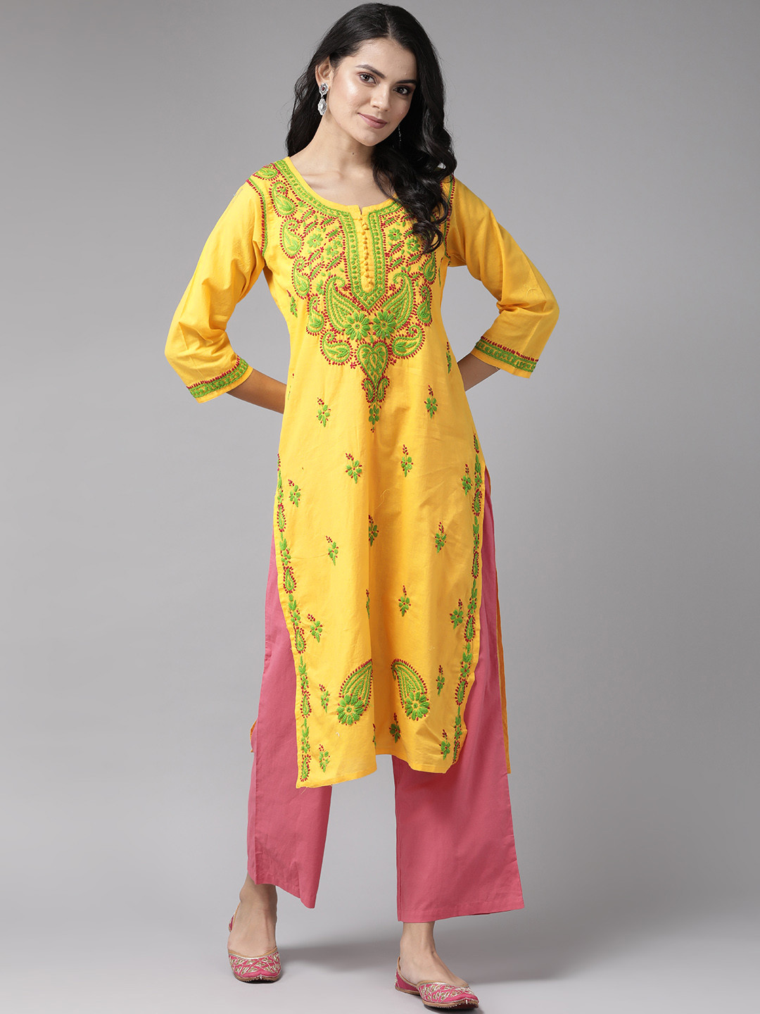 ADA Women Yellow & Green Cotton Sustainable Hand Embroidered Chikankari Handloom Kurta