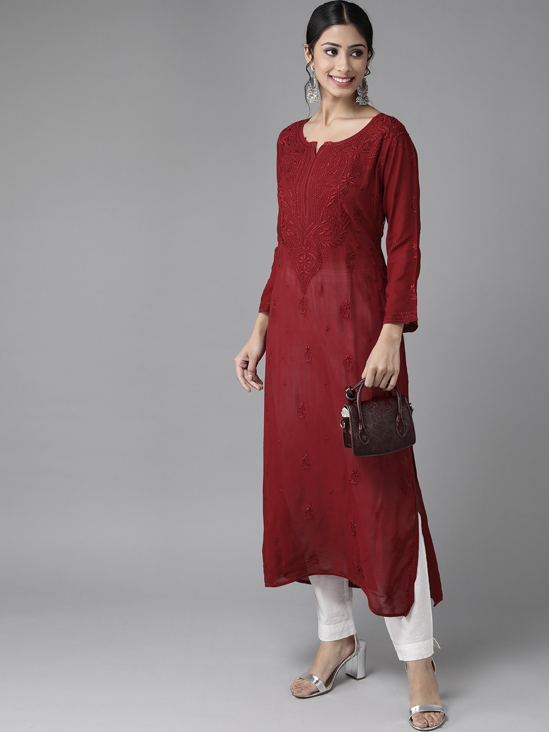 ADA Women Maroon Ethnic Motifs Embroidered Chikankari Georgette Kurta