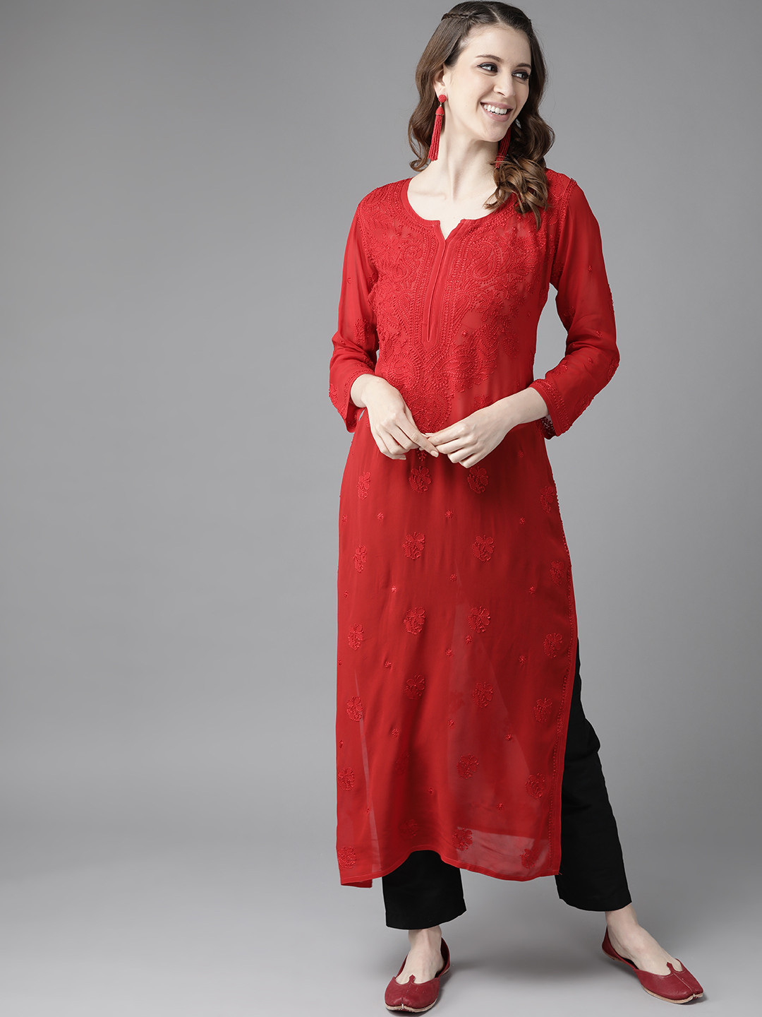 ADA Women Red Sustainable Ethnic Motifs Hand Embroidered Chikankari Kurta