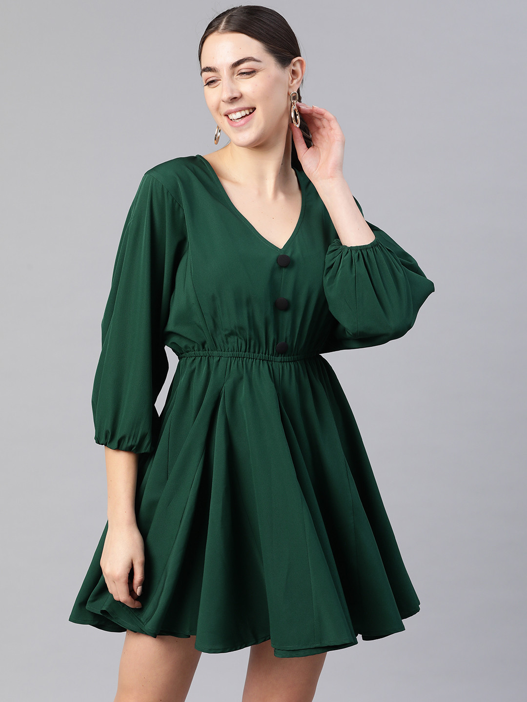 KASSUALLY Green V-Neck Pleated Fit & Flare Dress