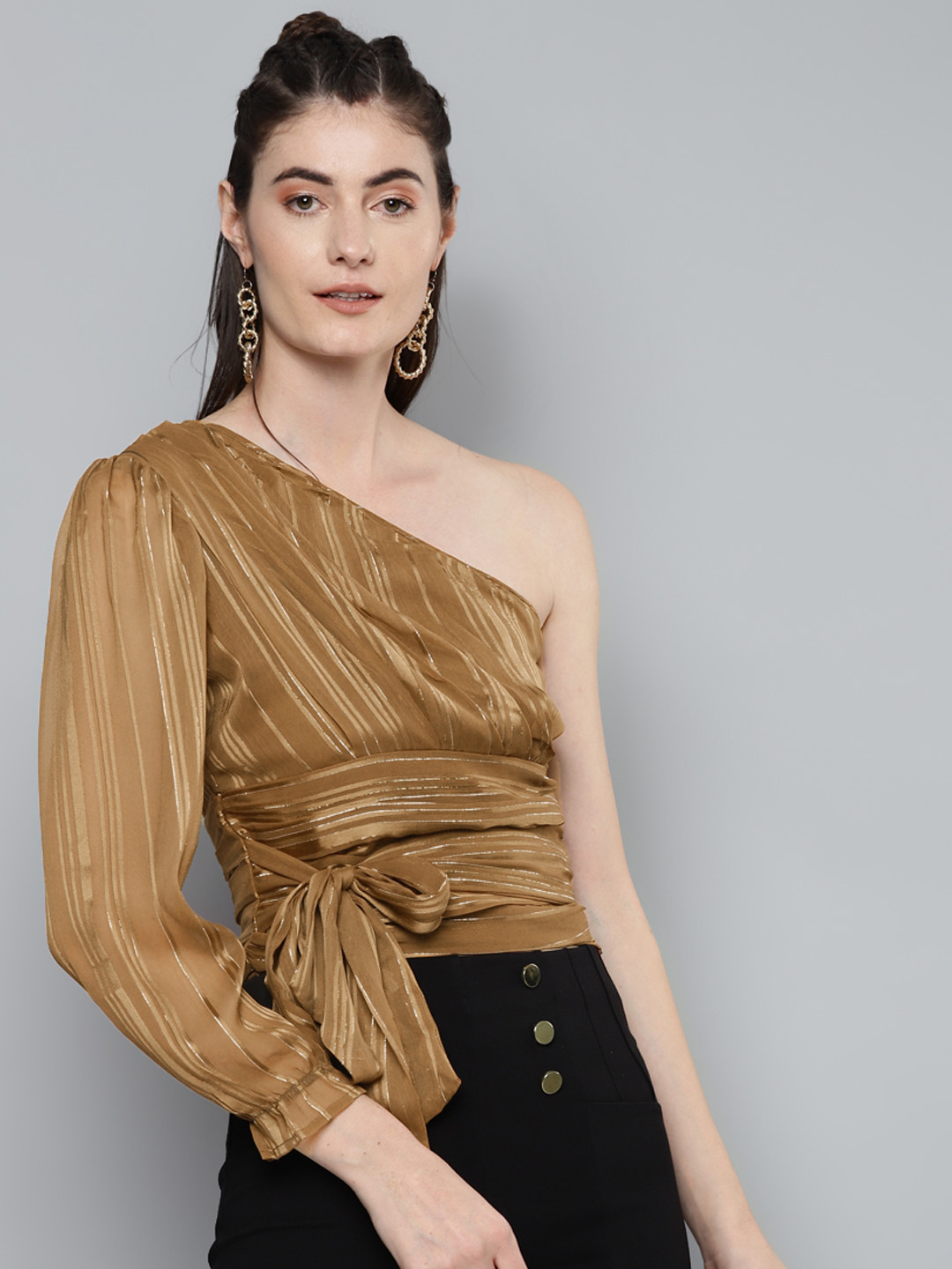 SASSAFRAS Olive Brown Striped One Shoulder Puff Sleeves Cinched Waist Crop Top