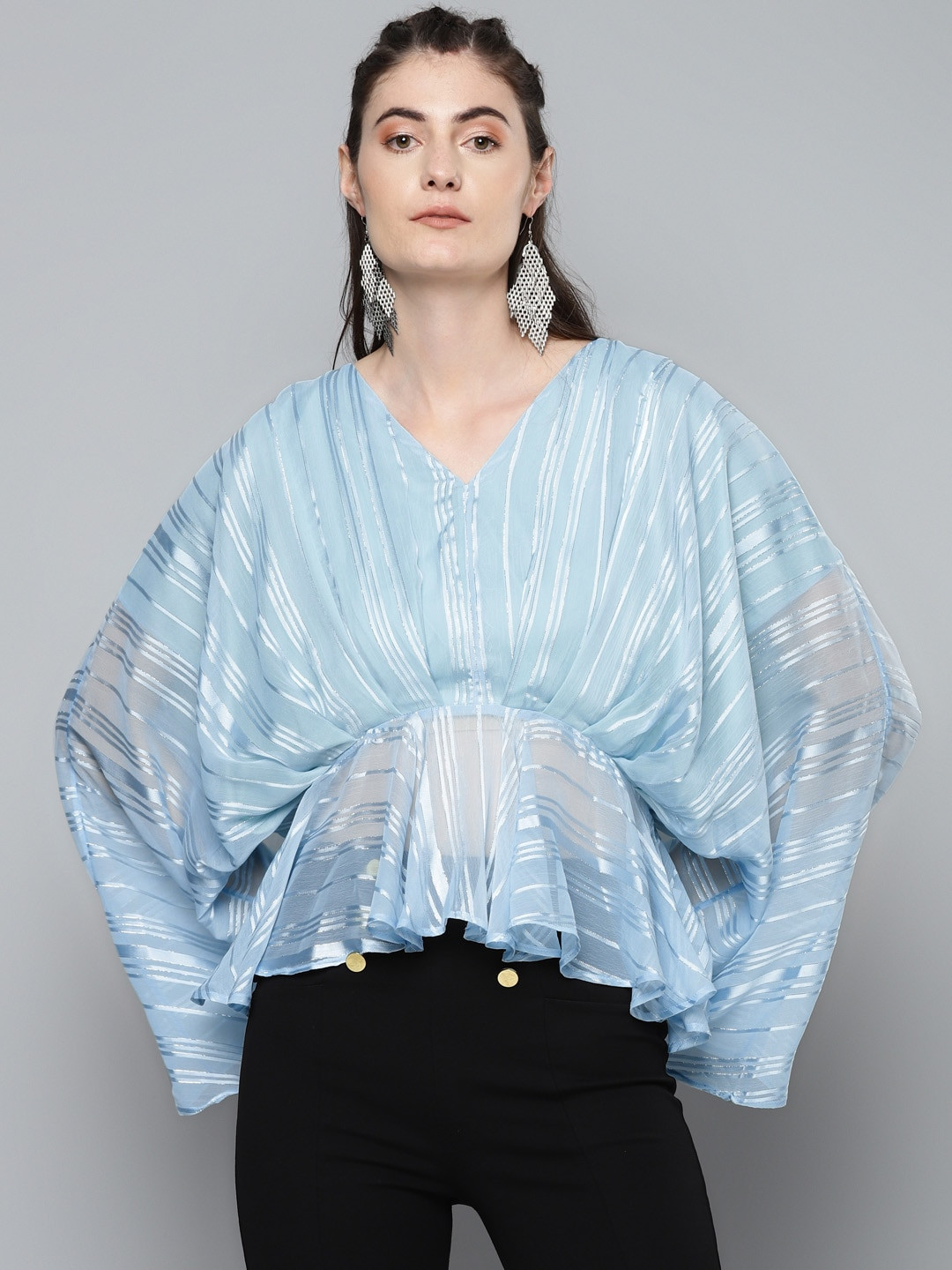 SASSAFRAS Blue & White Striped Kimono Sleeves A-line Top