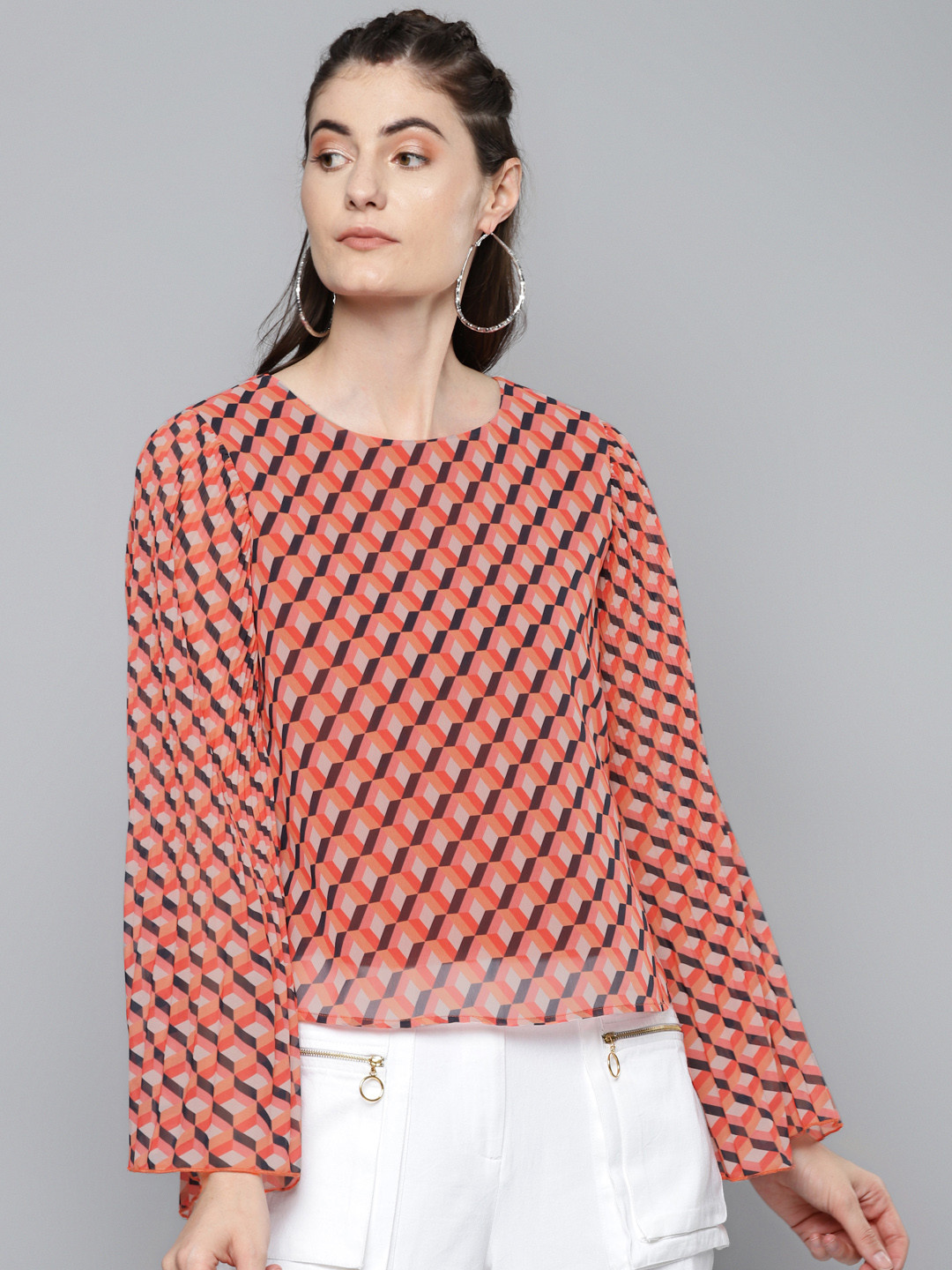 SASSAFRAS Peach-coloured & Red Geometric Printed Flared Sleeves Regular Top