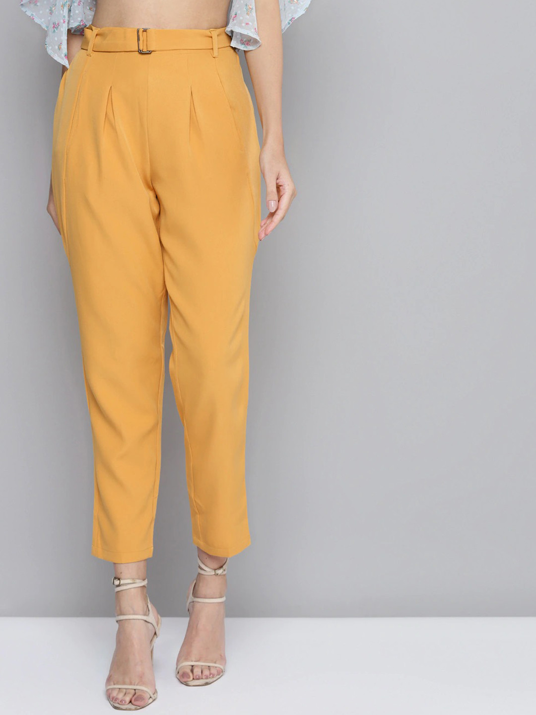 SASSAFRAS Women Mustard Yellow Tapered Fit Solid Pleated Trousers with Belt